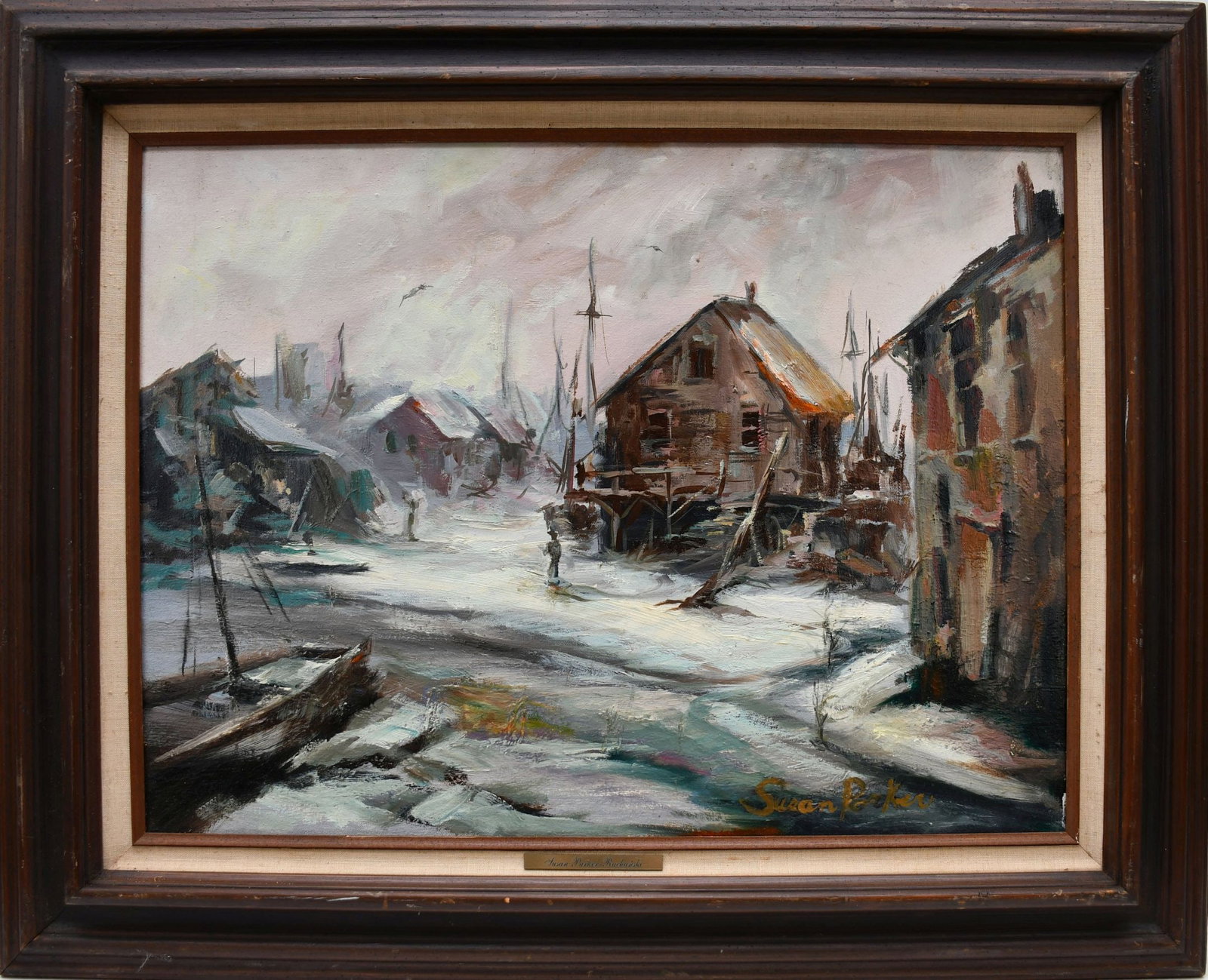 Susan Parker (American, 20th century) oil on canvas, Whorf Scene after storm, 18 x 24, overall size: Susan Parker (American, 20th century) oil on canvas, Whorf Scene after storm, 18 x 24, overall size 25 x 31 inches