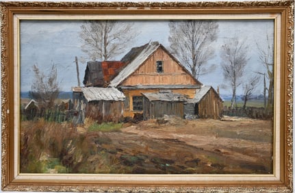 Russian School, oil on burlap/canvas, Farmhouse, painting 21 x 34-1/2 inches.