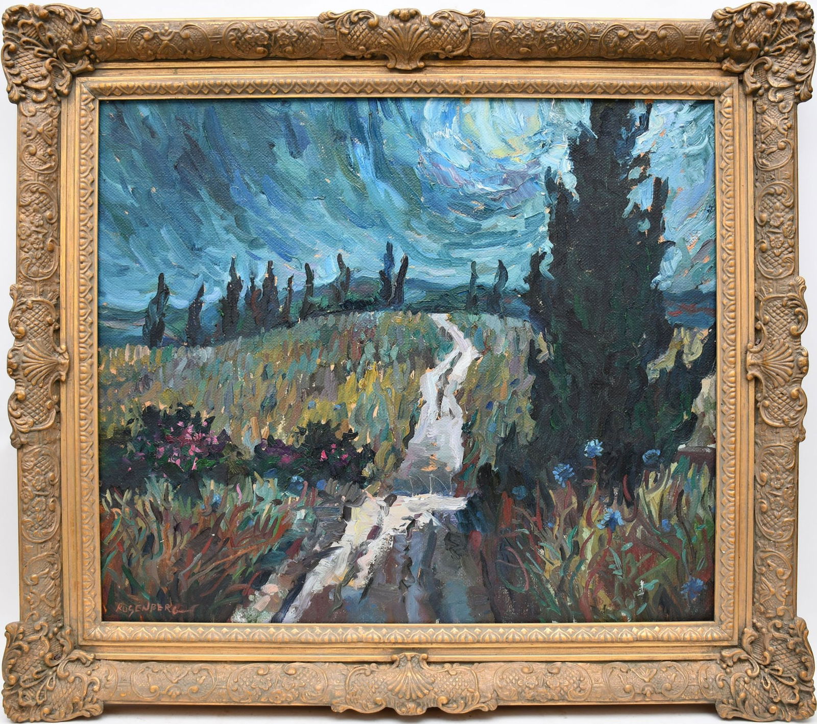 Impressionist Starry Night Landscape, signed Rosenberg, Path with moon behind tree. 24 x 28 inches, (1 of 5)