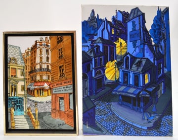 (2pcs) YVES ASKET PAINTINGS, night scene 14 x 11 & small 10 x 8 French street.