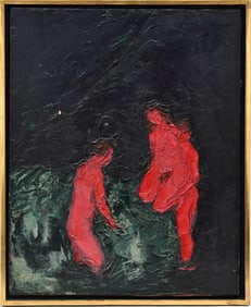 Abstract Figures in Red. Mid Century Modern Painting. Oil on canvas, no apparent signature. 21-1/4