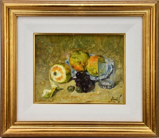 JORGE DANDOLO (Argentinean b.1934) oil on board painting, Still life Fruit, sight 9 x 11-1/2 inches.