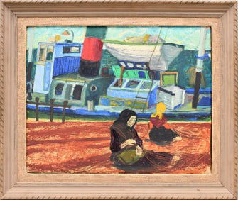 Mid Century oil on heavy paper glued down to hard cardboard, two ladies on dock with boat in