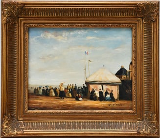 20th Century Decorative French Beach Scene, oil on canvas signed. 8 x 10 inches. Overall with frame