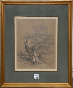 Jules Coignet (FRENCH, 1798-1860) Pencil on Gray paper, landscape- windswept Tree. Signed bottom