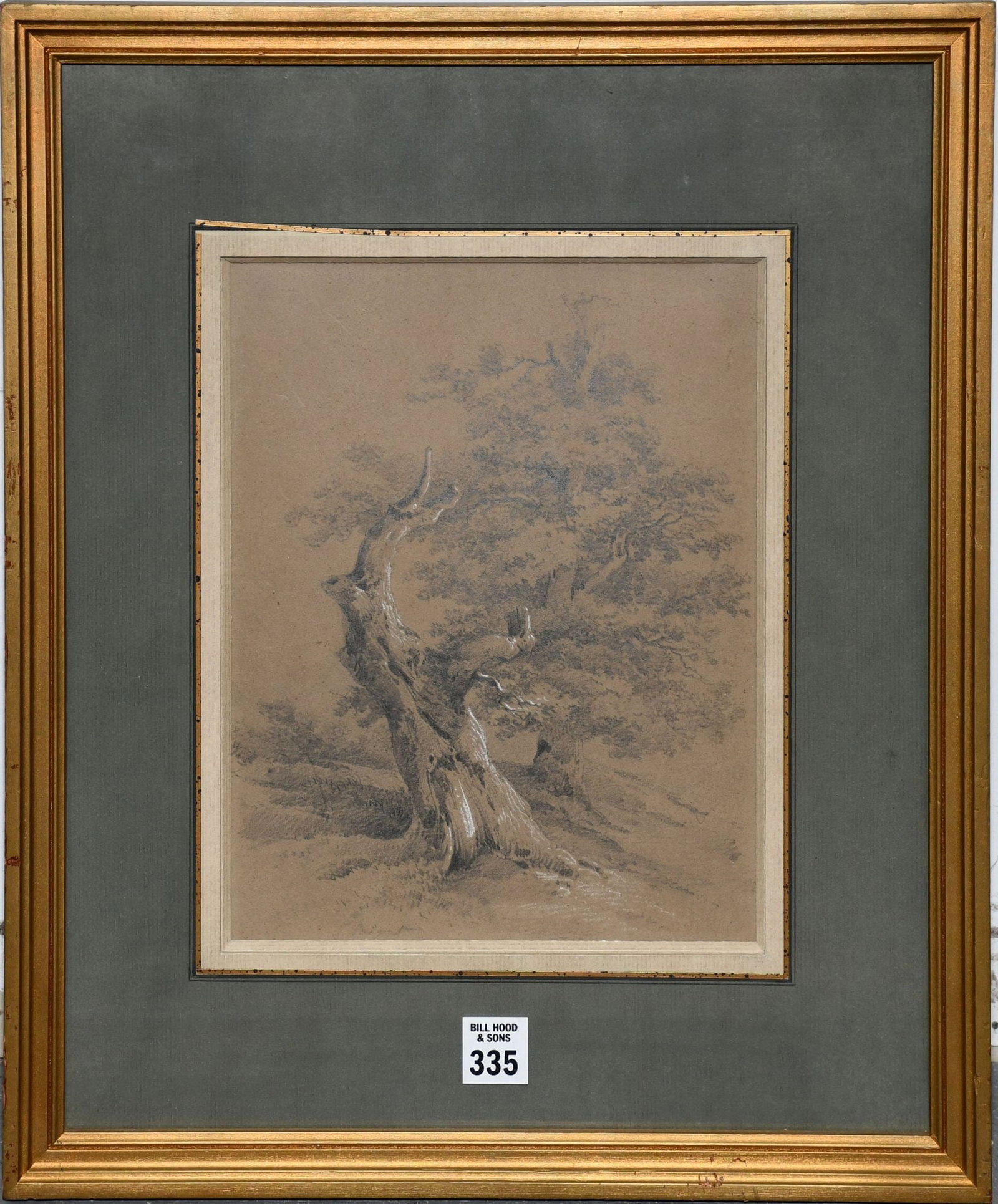 Jules Coignet (FRENCH, 1798-1860) Pencil on Gray paper, landscape- windswept Tree. Signed bottom: Jules Coignet (FRENCH, 1798-1860) Pencil on Gray paper, landscape- windswept Tree. Signed bottom edge. Sheet 16-1/4 x 8-1/4 inches. Overall framed size 18 x 15 inches