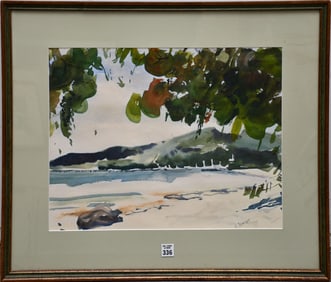 K. Francois signed Watercolor Seagrape Tree over water, 14-1/2 x 19 inches. Overall size 22-1/2 x