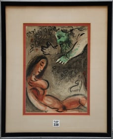 Chagall colored Lithograph, Old label on verso. 13-1/2 x 9-1/2 inches, overall approx.. 21 x 17