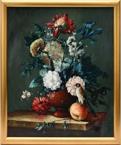 Elena Rusanova (Russian Born 1947) oil on canvas, Still life flowers with bird on apple, signed and