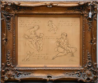Illegibly signed lower right, Ink/marker on paper, sketches of mother and children. Frame large loss