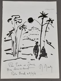 Marcel Mouly Ink sketch drawing signed, Marcel Mouly- Palm Beach '03. 13 x 9 inches.