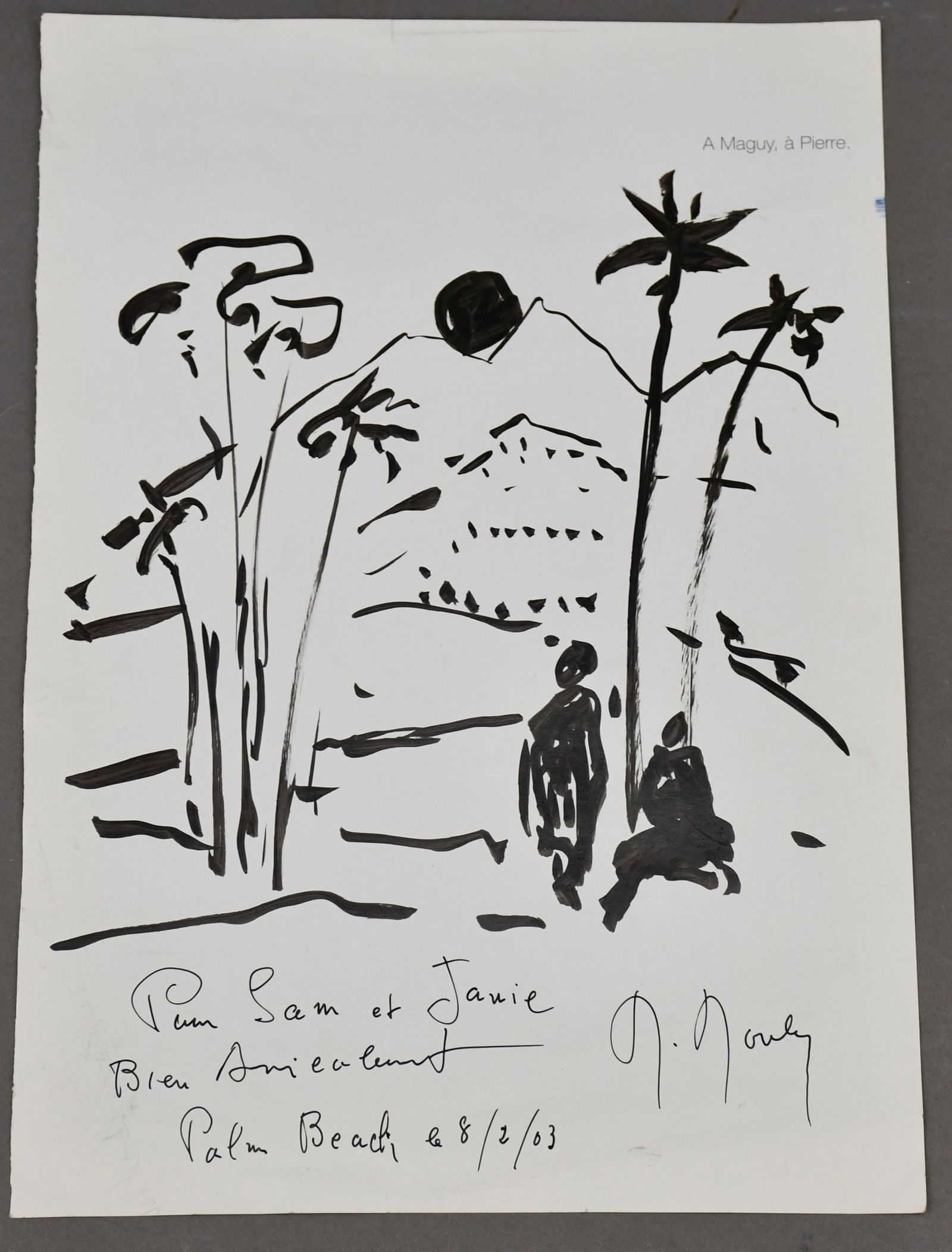 Marcel Mouly Ink sketch drawing signed, Marcel Mouly- Palm Beach '03.  13 x 9 inches. (1 of 5)