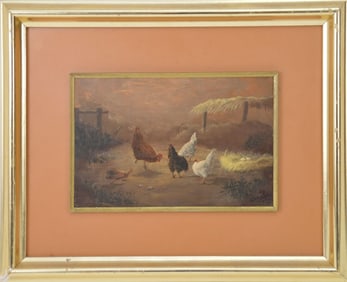 Farm/Chicken scene, oil on Masonite board, illegibly signed lower right, dated 1977, 5 1/2 x 8 1/2