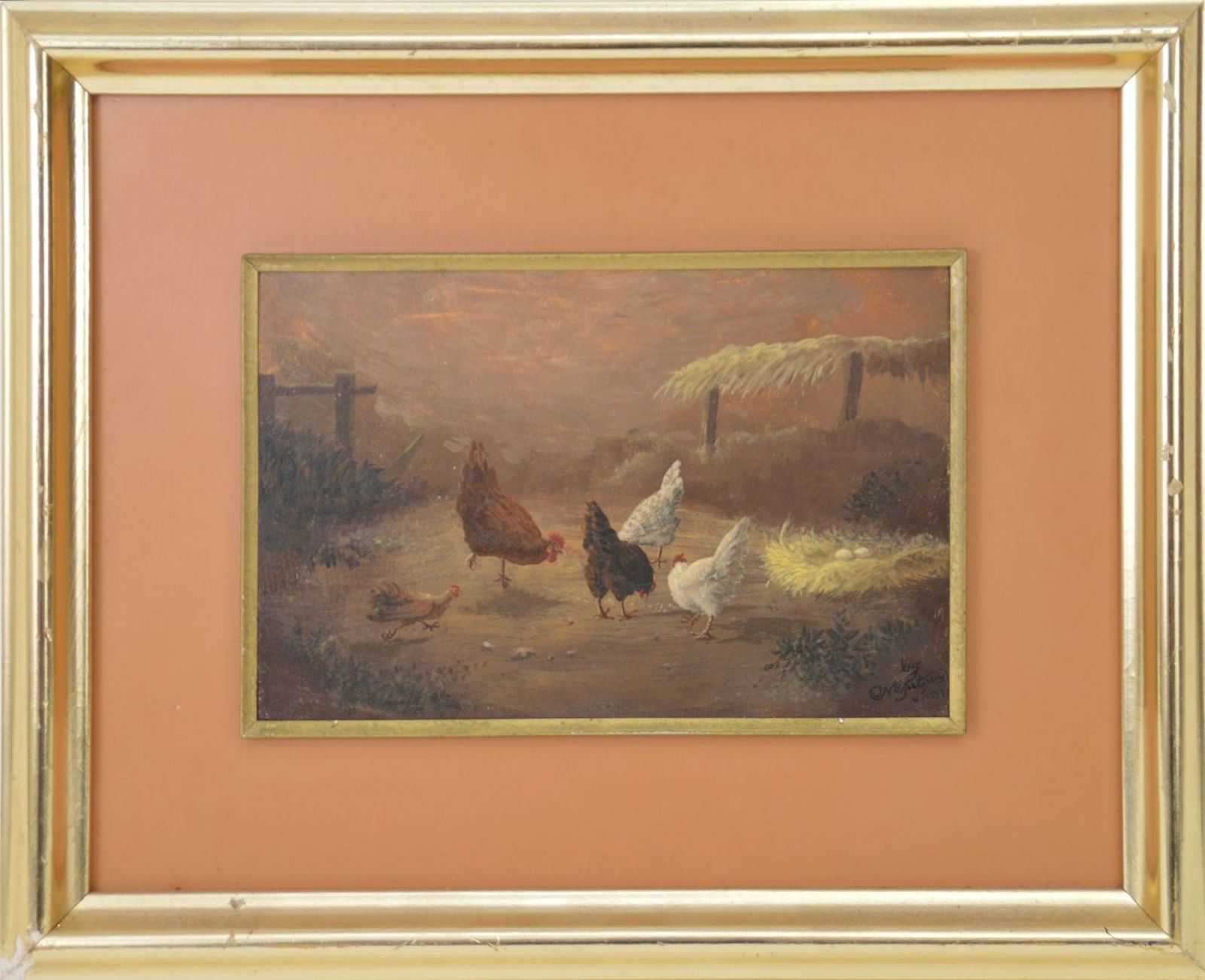 Farm/Chicken scene, oil on Masonite board, illegibly signed lower right, dated 1977, 5 1/2 x 8 1/2: Farm/Chicken scene, oil on Masonite board, illegibly signed lower right, dated 1977, 5 1/2 x 8 1/2 inches, 11 1/4 x 14 1/4 overall frame