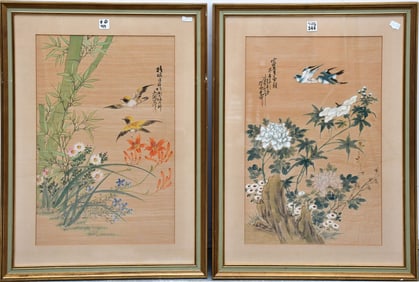 Pair of Chinese Watercolors on Silk, Flowers, birds and branches. 28-1/4 x 20-1/2 inches. 22 x