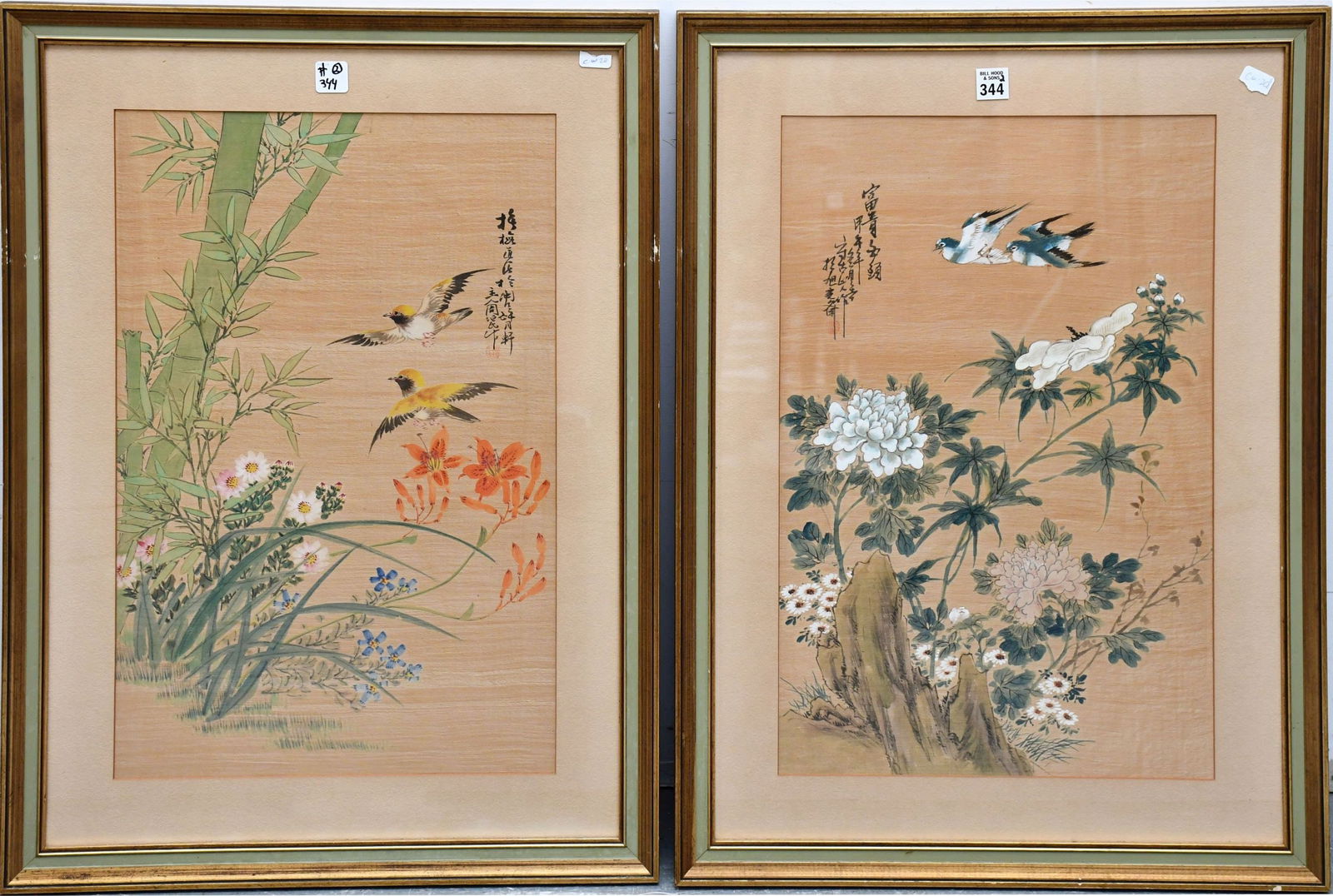 Pair of Chinese Watercolors on Silk, Flowers, birds and branches. 28-1/4 x 20-1/2 inches.  22 x (1 of 7)