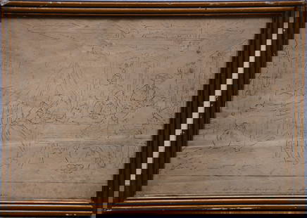 18th/19th Century French School- pen drawing on paper, bottom reads Avant la souzon en: 18th/19th Century French School- pen drawing on paper, bottom reads Avant la souzon en avergne-Before the sun in Avergne. Signed illegibly left side. 11 x 15-1/4 inches