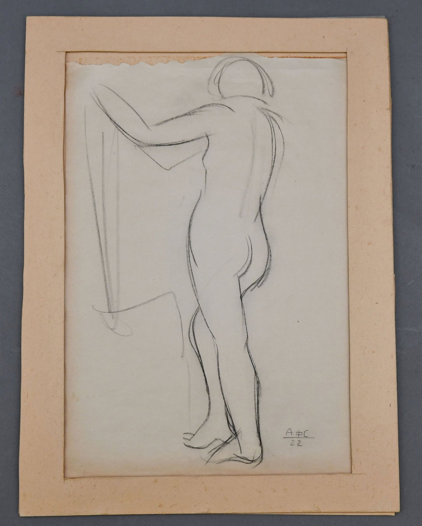 Antonina Fedorovna Sofronova attributed. (Russian 1892-1966) standing female nude, graphite pencil: Antonina Fedorovna Sofronova attributed. (Russian 1892-1966) standing female nude, graphite pencil on paper, initialed in Cyrillic and dated ’22, size 13 ½ x 9 ½, Overall matte size 16