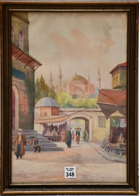 Ro Cherif (20th Century) Turkish. "Market Scene", Watercolor, Signed LL , 17-1/2 x 12 inches.