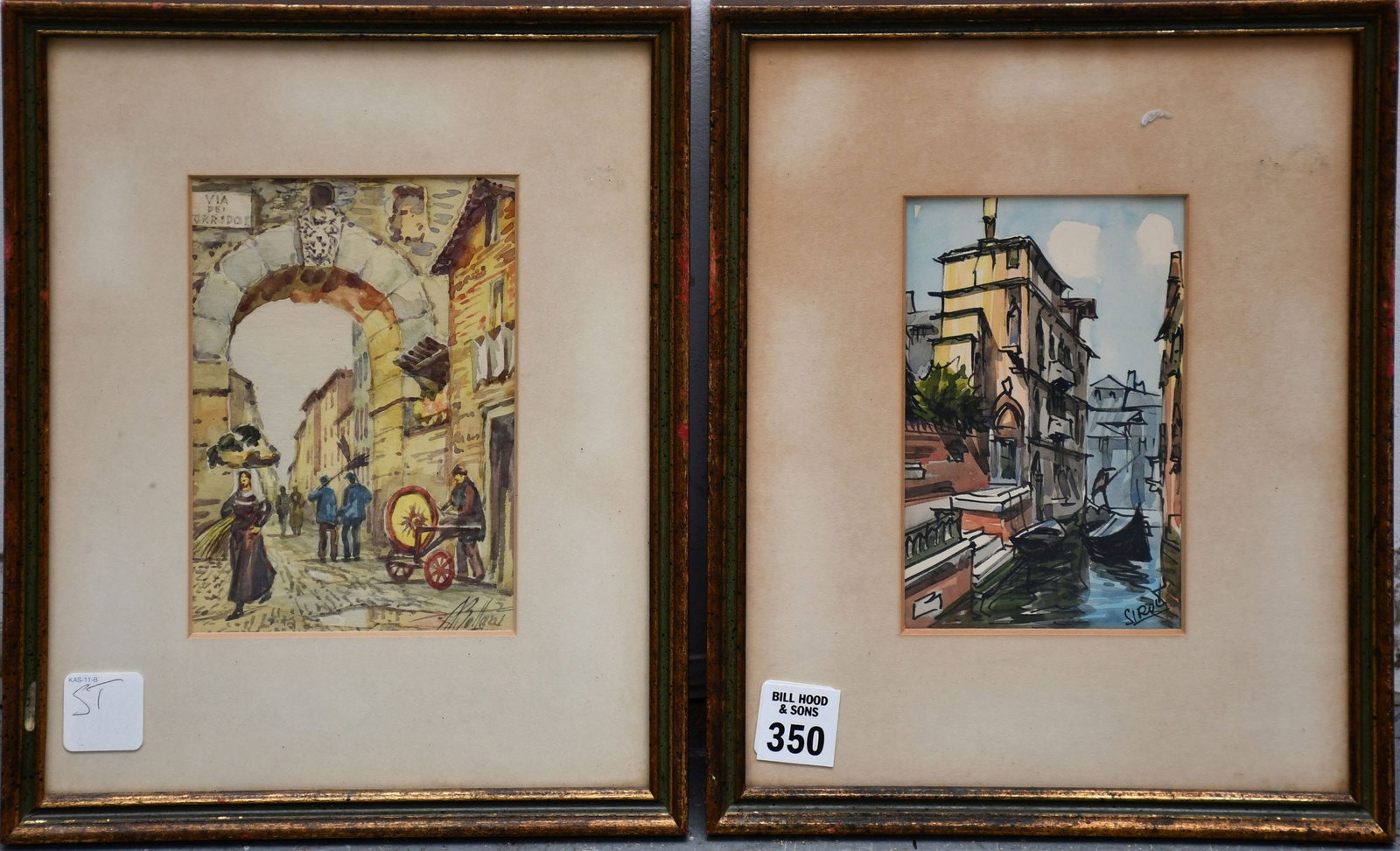 Pr. Small Venice watercolors, image 5-1/2 x 3-1/2 inches. Overall framed size approx. 11 x 9 inches.: Pr. Small Venice watercolors, image 5-1/2 x 3-1/2 inches. Overall framed size approx. 11 x 9 inches.