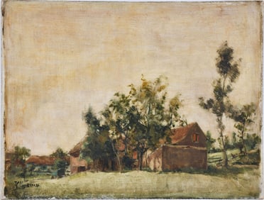 H Hyneman Dutch School, signed ll and on verso, oil on Masonite and scape Farm house, 13-1/2 x