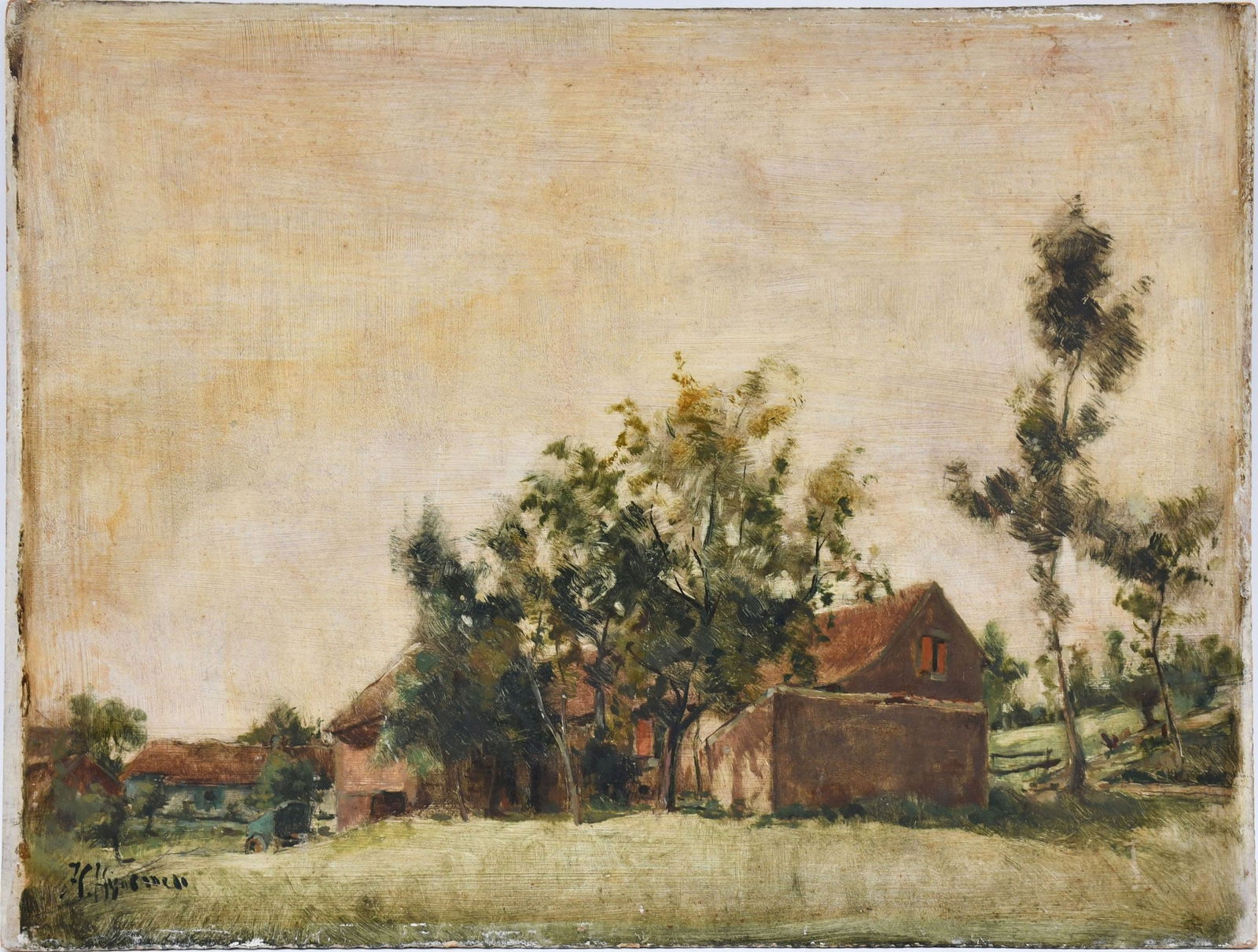 H Hyneman Dutch School, signed ll and on verso, oil on Masonite and scape Farm house, 13-1/2 x: H Hyneman Dutch School, signed ll and on verso, oil on Masonite and scape Farm house, 13-1/2 x 17-1/2 inches