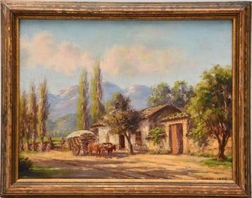 Alfredo Lobos (Chilean 1890–1917) oil on canvas, country house with ox-cart in front of mountain