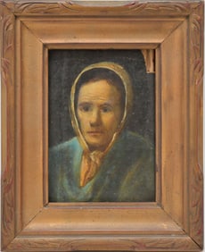 Vintage South American School Elderly woman with Scarf, tear at top corner, initialed EOL bottom