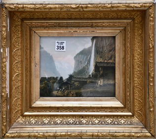 Antique Gilded Frame with waterfall print. 15 x 13-1/4 inches. Inside demensions-8-1/4 x 7 inches.