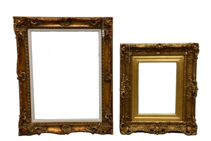 2 Vintage Baroque Style gilded picture frames: small overall size 24 x 20 inches. Inside dimensions