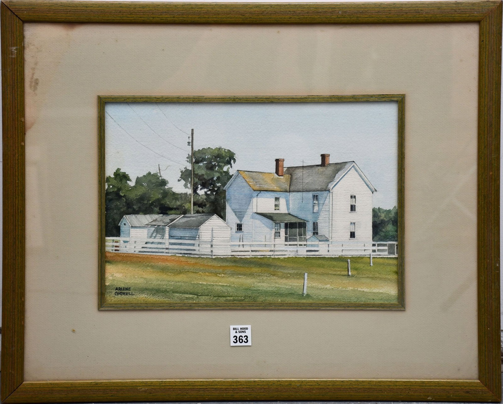 Arlene Cornell (American 20th Century) Watercolor Farm House, sight size 10 x 14, overall size 20: Arlene Cornell (American 20th Century) Watercolor Farm House, sight size 10 x 14, overall size 20 x 24 inches.