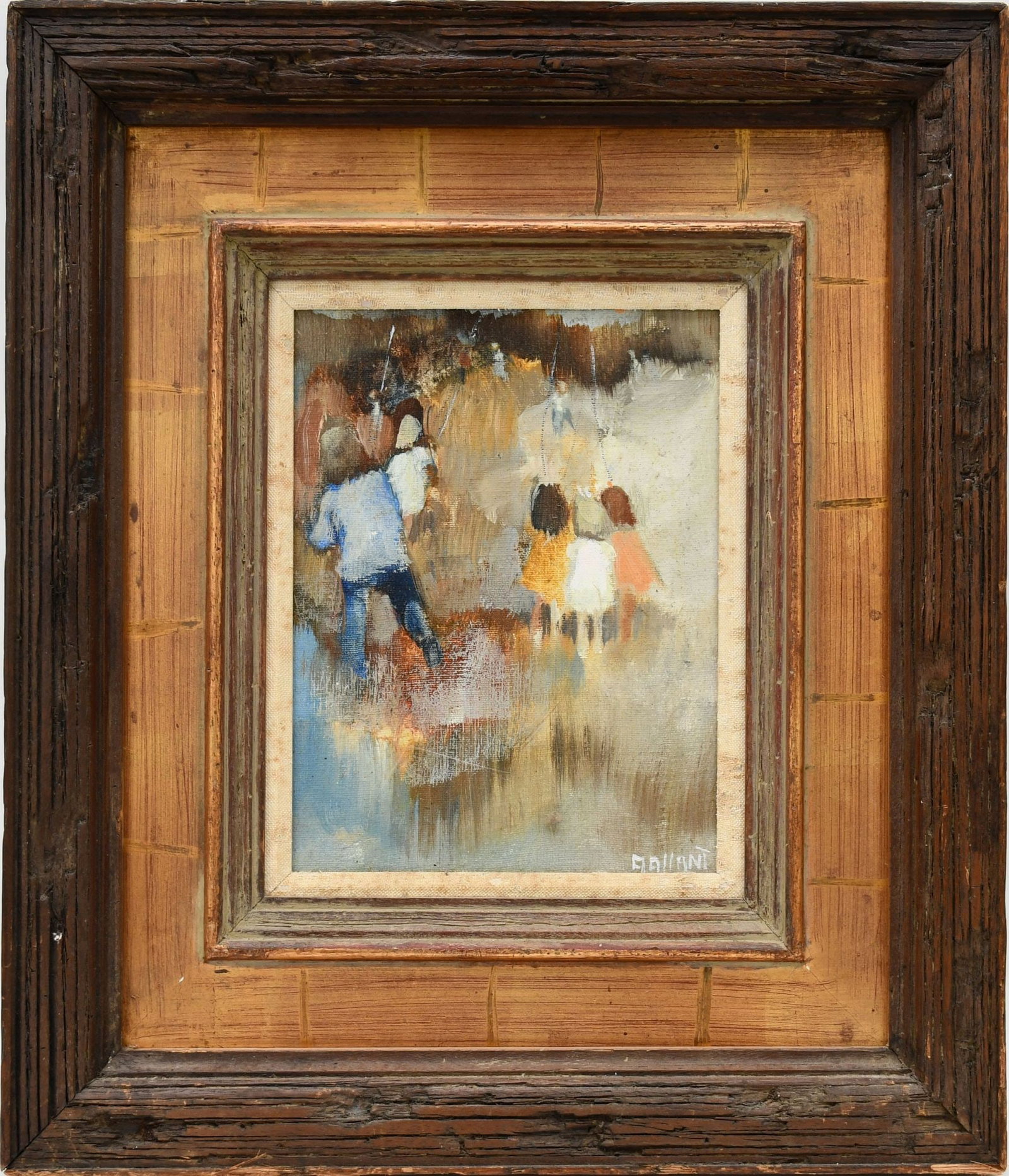Gigi Gallant abstract. kids in a field, oil on canvas, 10 x 8. overall framed size is 18-1/2 x: Gigi Gallant abstract. kids in a field, oil on canvas, 10 x 8. overall framed size is 18-1/2 x 16-1/2 inches. Resided and painted primarily in Florida, California and Arizona. In the 70's she lived in
