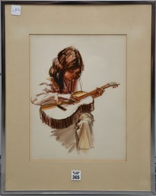 Frank Palmieri (NY,ME,1922-2017) Pastel Watercolor of Young girl playing Guitar, Sight sizer 13.5 x