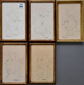 5 Pen Portrait Sketches signed illegibly and dated 64/65. overall 9 x 5-3/4 inches