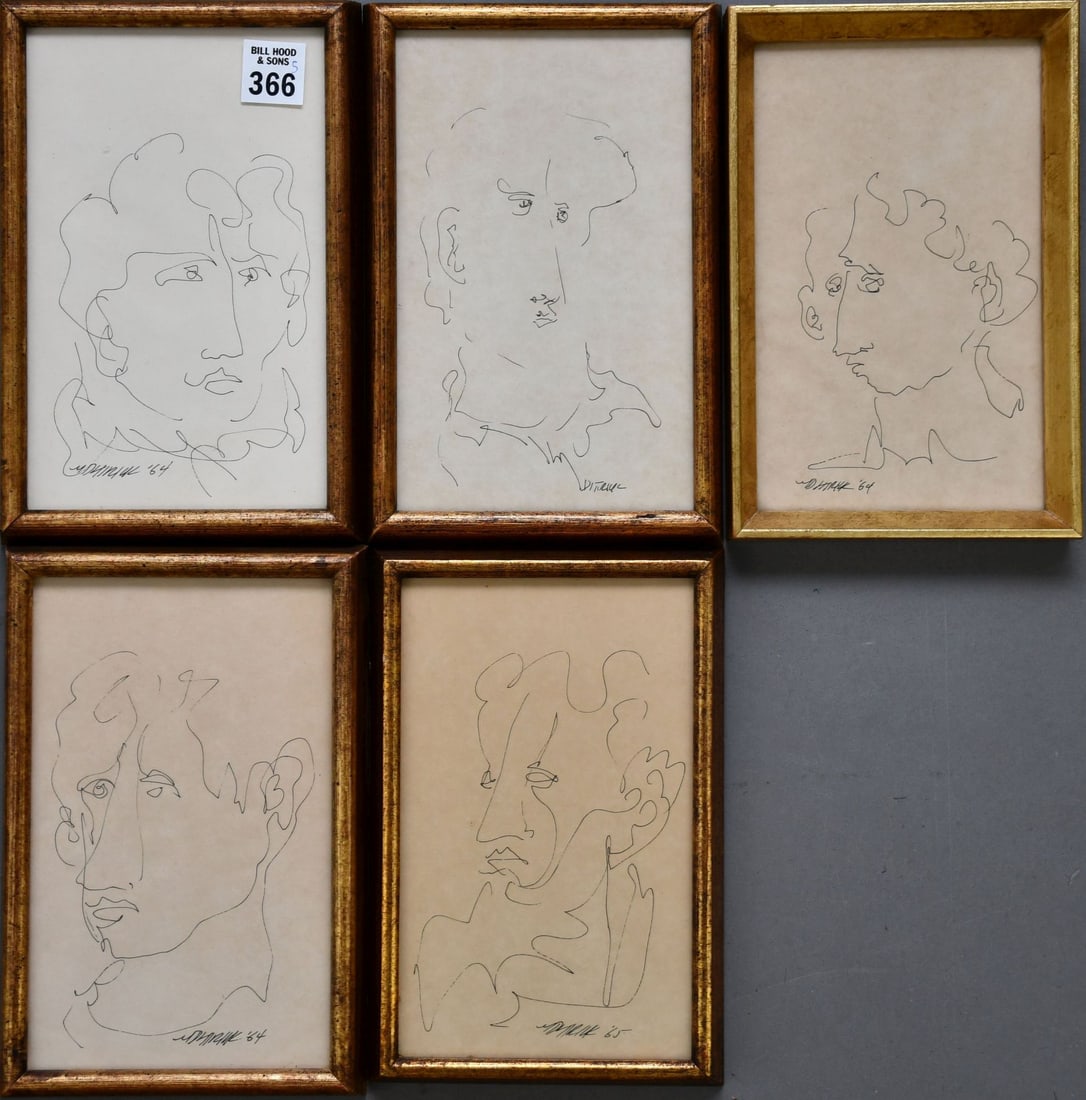 5 Pen Portrait Sketches signed illegibly and dated 64/65.  overall 9 x 5-3/4 inches (1 of 6)