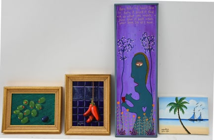 4 Decorative paintings sold together. Pr. Fruits and small sailboat by Mendoza, and fold art figural