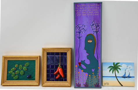 4 Decorative paintings sold together. Pr. Fruits and small sailboat by Mendoza, and fold art figural: 4 Decorative paintings sold together. Pr. Fruits and small sailboat by Mendoza, and fold art figural plaque 18 x 6. paintings 8-1/2 x 6-1/2 inches