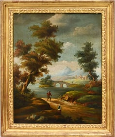 Continental Old Master Style Landscape unsigned. oil on canvas, in gilded frame. Canvas 19-/12 x 16