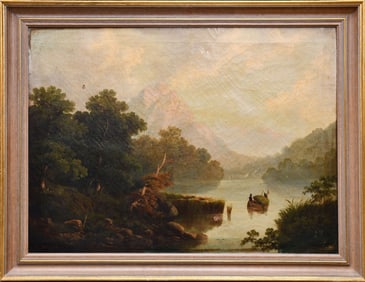 Continental school Early 19th Century signed F. Margold, oil on canvas Mountain Lake Scene guys in