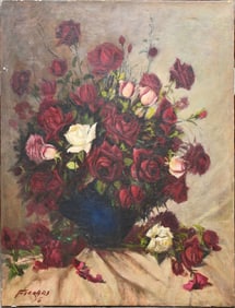 oil on canvas, Still life Roses, Ferrari '75. 39-1/2 x 32 inches