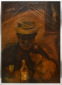 20th Century Brazilian School, Interior Man and Lady drinking. Oil on canvas, lots of cracks to oil