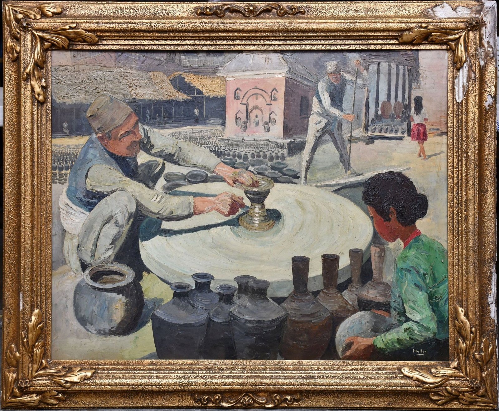 Lg. oil on canvas, Potters at Work, signed Heller, frame as is condition, 32 x 39-1/2 inches.: Lg. oil on canvas, Potters at Work, signed Heller, frame as is condition, 32 x 39-1/2 inches. overall frame size 39 48 inches