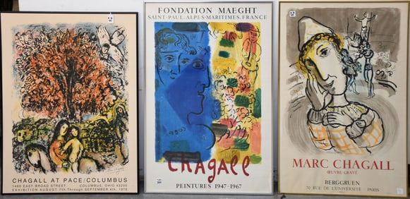 3 Framed Marc Chagall Vintage Exhibition posters Largest Frame size 34 x 23 inches one frame missing