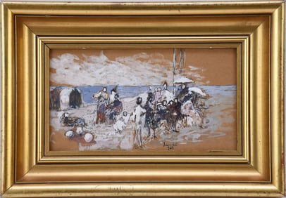 French Beach Scene, Watercolor and Gouache on paper, Signed illegibly and date 69 French Arthur