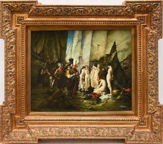 20th Century old master style oil on board painting of Nudes with onlookers signed Austin Lower