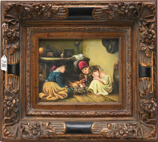 20th Century Oil on Board Painting of Kids with Chicken and chicks signed Illegibly lower right in