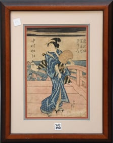 Japanese Woodblock Print by Utagawa Toyokuni, Geisha Girl, 13 x 8-3/4 inches. Overall framed size 21
