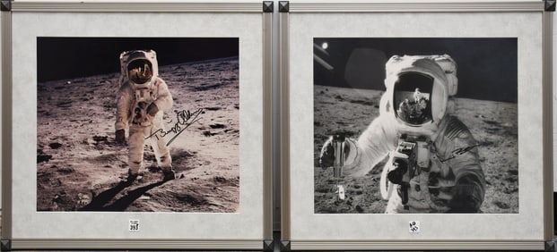 Hand signed Moon Landing Photographs of Buzz Aldrain & Alan Bean- 15-1/2 x 19-1/2 inches. Overall