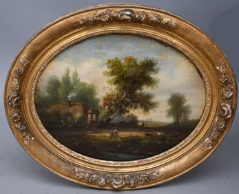 1850's English Antique reverse painted Rural Farm Scene on convex Glass in fancy oval gilt frame.