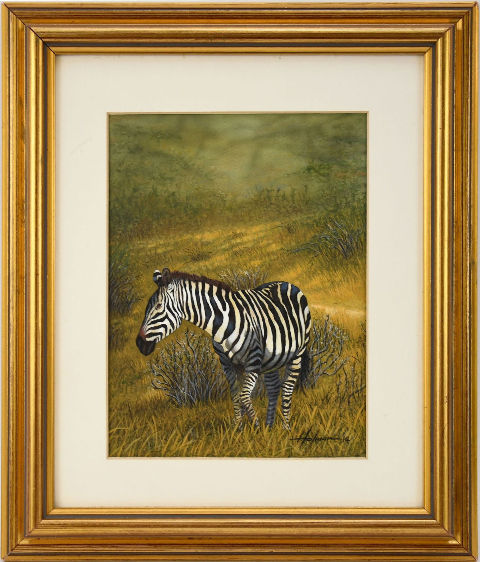 Contemporary Watercolor of a Zebra in a field. signed Holman?  Signed and dated lower right '14. (1 of 4)
